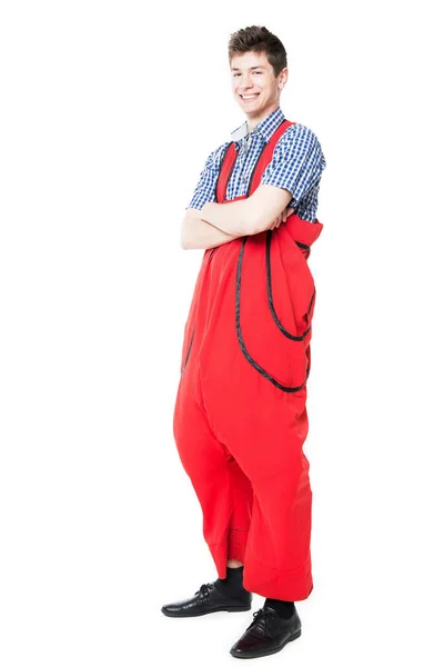 Homme Gras Drôle Salopette Rouge Costume Isolé Sur Fond Blanc — Photo