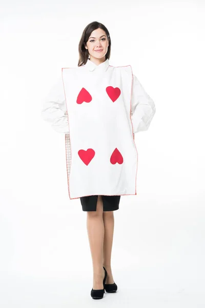 Femme Costume Carte Coeur Isolé Sur Fond Blanc — Photo