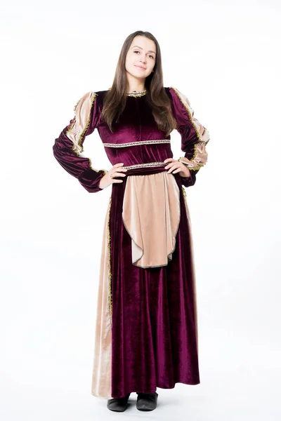 Vrouw Rood Renaissance Kostuum Fee Fluweel Donker Paars Jurk — Stockfoto