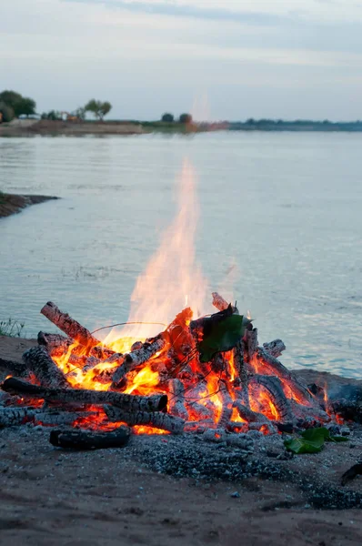 Bonfire on lake shore, twilight. Camping