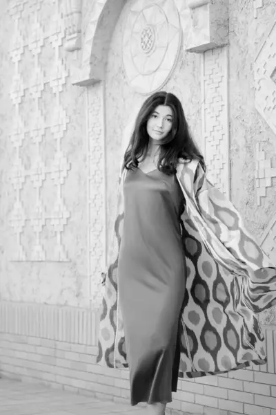 Beautiful Fashion Model Girl Traditional Uzbekistan Fashion Dress Ikat Pattern Stock Picture