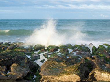 LaoMei yeşil kaya yalakları / Tayvan 'ın New Taipei şehrinde bulutlu yeşil resif.