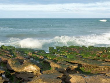 LaoMei yeşil kaya yalakları / Tayvan 'ın New Taipei şehrinde bulutlu yeşil resif.