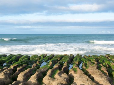 LaoMei yeşil kaya yalakları / Tayvan 'ın New Taipei şehrinde bulutlu yeşil resif.