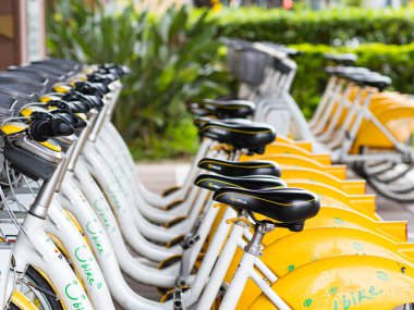 Taipei, Taiwan 8 February 2023: Ubike for rent on street in Taipei, Taiwan. YouBike (Ubike) is a large network of bicycle rental kiosks in Taipei City.