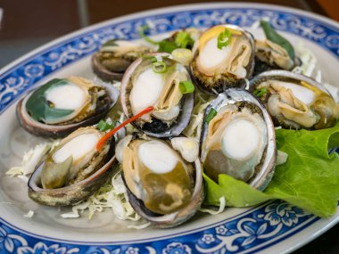 Lezzetli, buharda pişmiş abalonelerin yakın çekimi..