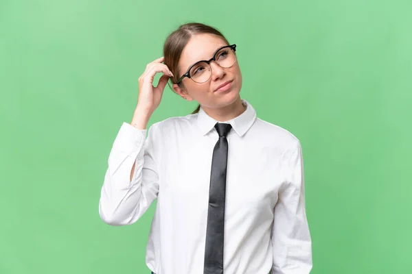 Young Business Caucasian Woman Isolated Background Having Doubts Confuse Face — Stock Photo, Image