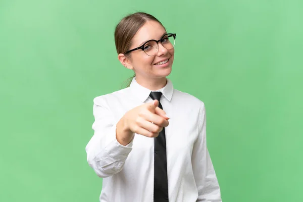 Young Business Caucasian Woman Isolated Background Points Finger You Confident — Stock Photo, Image