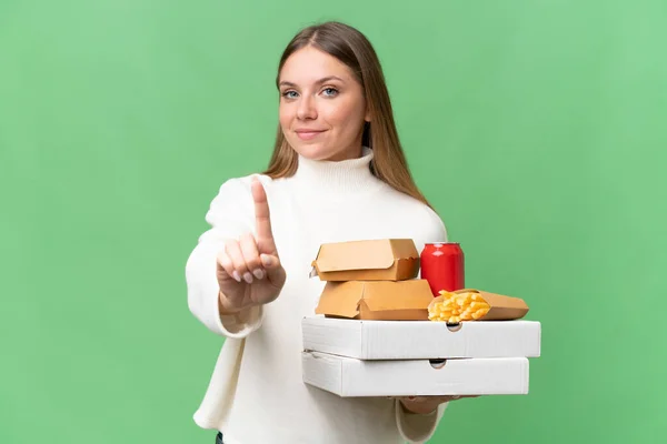 Young Beautiful Blonde Woman Holding Takeaway Food Isolated Background Showing — Stock Photo, Image