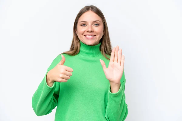 Young Beautiful Blonde Woman Isolated White Background Counting Six Fingers — Stock Photo, Image