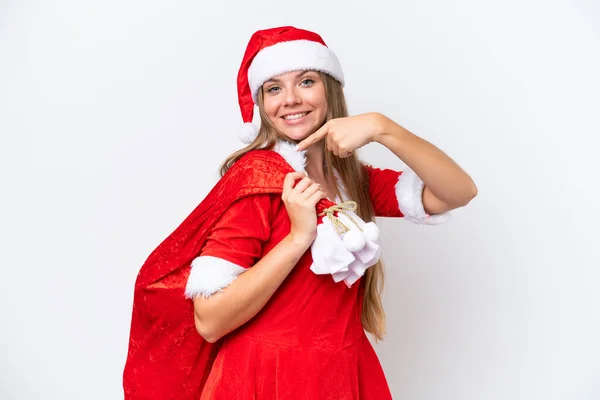 Giovane Donna Caucasica Vestita Mamma Noel Che Tiene Sacco Natale — Foto Stock