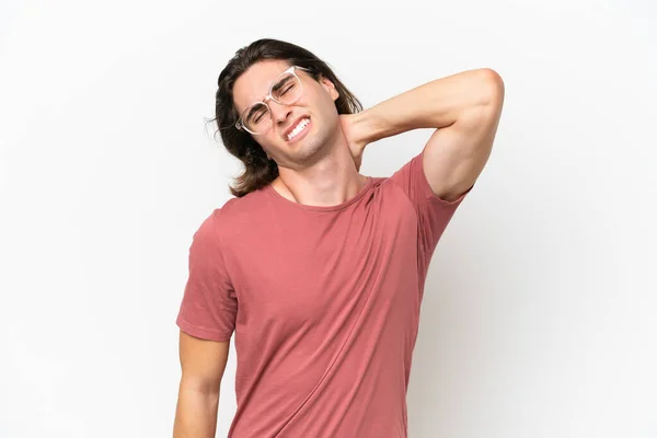 Young Handsome Man Isolated White Background Neckache — Stock Photo, Image