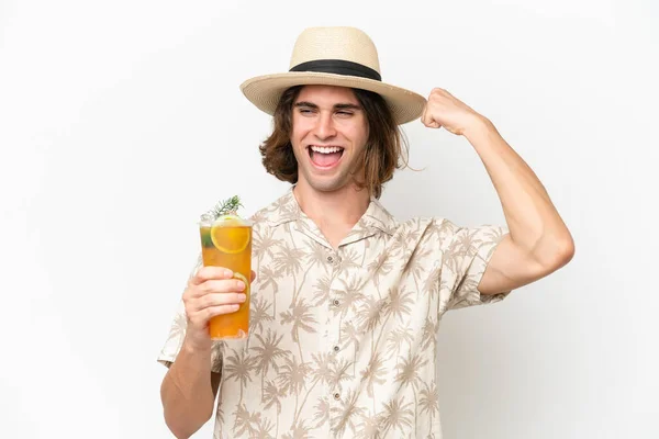 Young Handsome Man Holding Cocktail Isolated White Background Celebrating Victory — Stock Photo, Image
