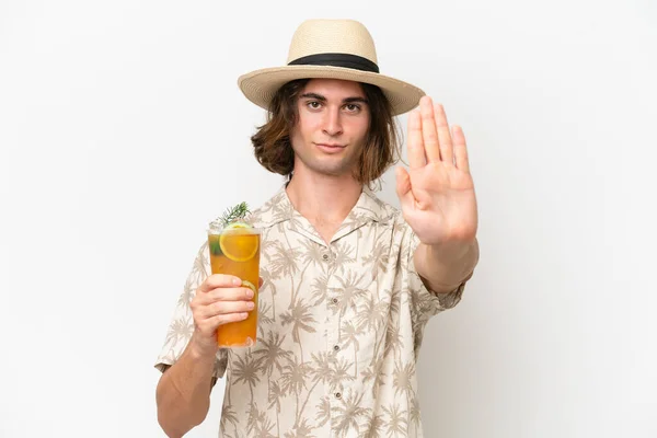 Young Handsome Man Holding Cocktail Isolated White Background Making Stop — Stock Photo, Image