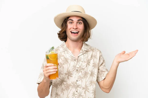 Young Handsome Man Holding Cocktail Isolated White Background Shocked Facial — Stock Photo, Image