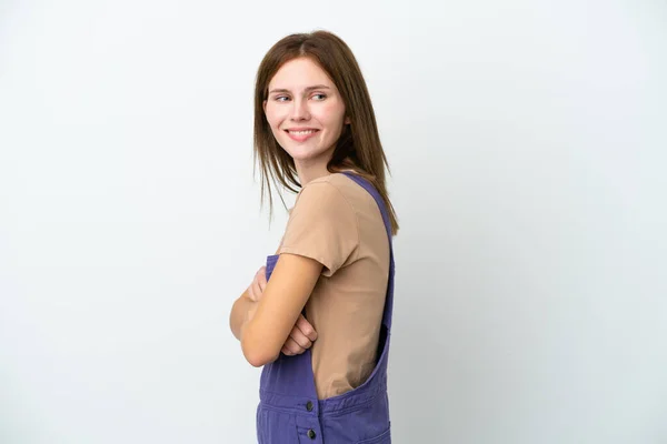 Jong Engels Vrouw Geïsoleerd Witte Achtergrond Kijken Naar Zijkant Glimlachen — Stockfoto