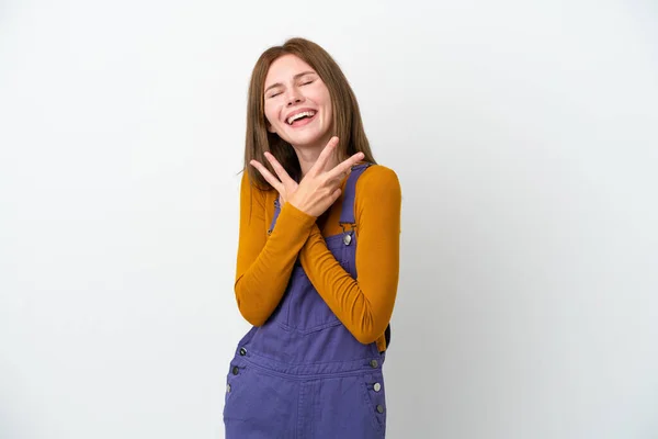 Giovane Donna Inglese Isolato Sfondo Bianco Sorridente Mostrando Segno Vittoria — Foto Stock