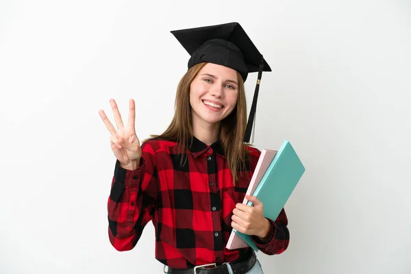 Joven Estudiante Inglesa Aislada Sobre Fondo Blanco Feliz Contando Tres — Foto de Stock