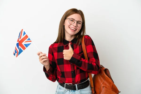 Fiatal Tartó Egyesült Királyság Zászló Elszigetelt Kék Háttér Egy Hüvelykujj — Stock Fotó