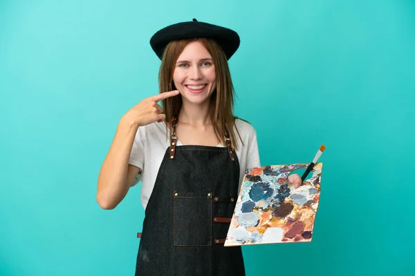 Fiatal Művész Angol Kezében Paletta Elszigetelt Kék Háttér Így Egy — Stock Fotó