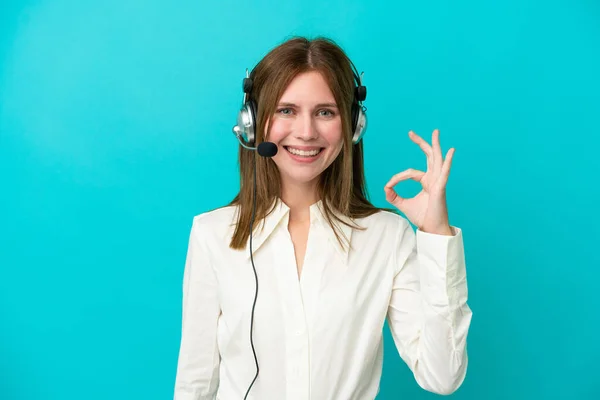 Telemarketer English Woman Working Headset Isolated Blue Background Showing Sign — Stock Photo, Image