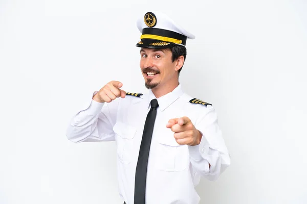 Samolot Biały Pilot Odizolowany Białym Tle Wskazuje Palcem Ciebie Podczas — Zdjęcie stockowe