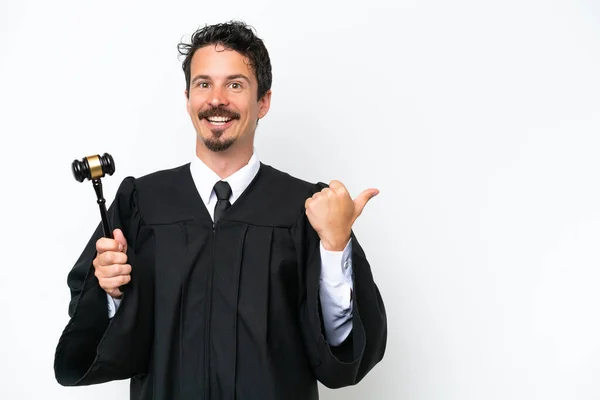 Young Judge Caucasian Man Isolated White Background Pointing Side Present — Stock Photo, Image