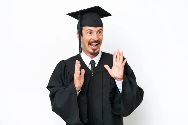 Young University Graduate Man Isolated White Background Surprise Facial Expression — 图库照片