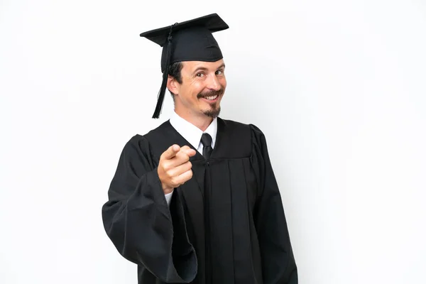 Молодий Випускник Університету Ізольований Білому Тлі Вказує Пальцем Впевненим Виразом — стокове фото