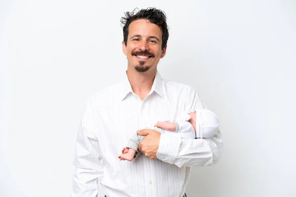 Young Man His Newborn Baby Smiling Lot — Zdjęcie stockowe