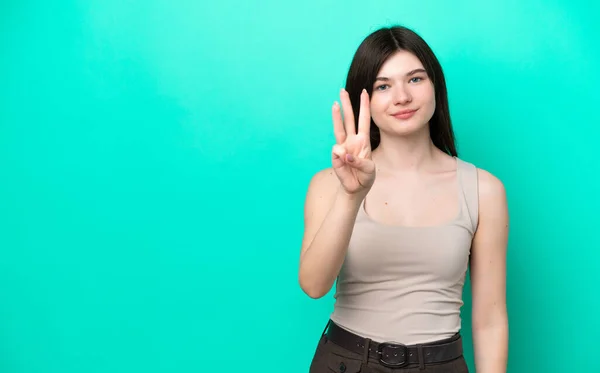 Young Russian Woman Isolated Green Background Happy Counting Three Fingers — Stock Photo, Image