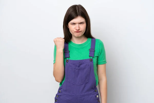 Giovane Donna Russa Isolata Sfondo Blu Con Espressione Infelice — Foto Stock