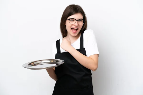 Junge Russische Köchin Mit Tablett Auf Weißem Hintergrund Feiert Einen — Stockfoto