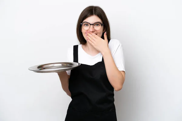 Junge Russische Köchin Mit Tablett Isoliert Auf Weißem Hintergrund Glücklich — Stockfoto