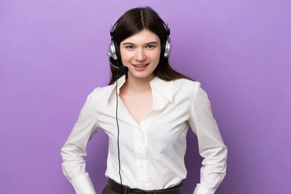 Telemarketer Russian Woman Working Headset Isolated Purple Background Laughing — Zdjęcie stockowe