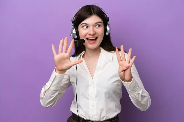 Telemarketer Russian Woman Working Headset Isolated Purple Background Counting Nine — Stock Photo, Image