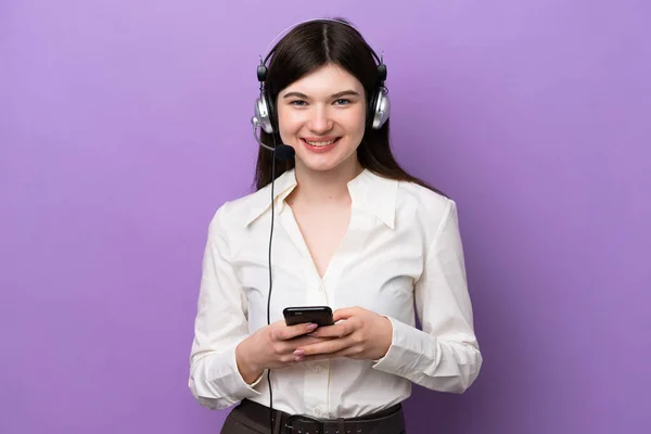 Telemarketer Russian Woman Working Headset Isolated Purple Background Sending Message — Stock Photo, Image