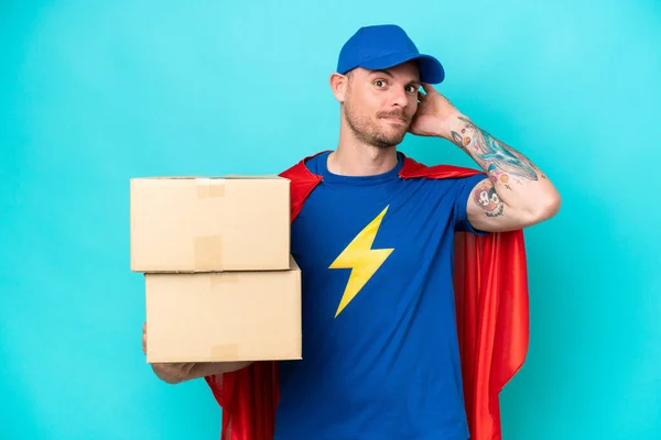 Super Hero Delivery Man Isolated Background Having Doubts — Stock fotografie