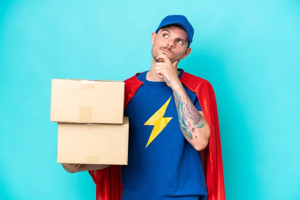 Super Hero Delivery Man Isolated Background Looking — kuvapankkivalokuva