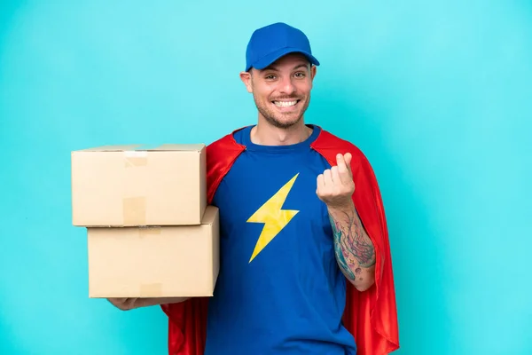 Super Hero Delivery Man Isolated Background Making Money Gesture — Stock Photo, Image