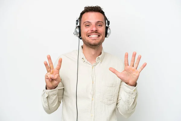 Telemarketer Caucasian Man Working Headset Isolated White Background Counting Eight — Foto de Stock