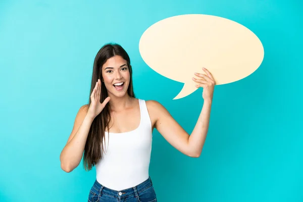 Young Brazilian Woman Isolated Blue Background Holding Empty Speech Bubble — Stock Photo, Image