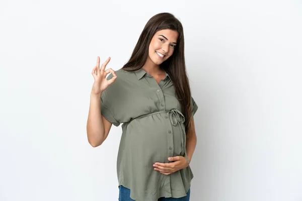 Mujer Brasileña Joven Aislada Sobre Fondo Blanco Embarazada Haciendo Signo — Foto de Stock