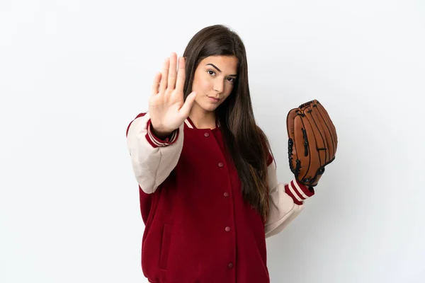Player Brazilian Woman Baseball Glove Isolated White Background Making Stop — Stock Photo, Image
