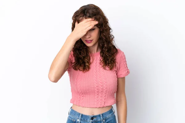 Young Woman Curly Hair Isolated White Background Headache — Fotografia de Stock
