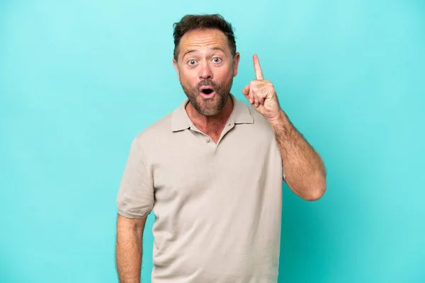 Middle Age Caucasian Man Isolated Blue Background Thinking Idea Pointing — Stockfoto