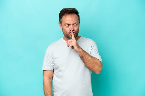 Middle Age Caucasian Man Isolated Blue Background Showing Sign Silence — Stockfoto