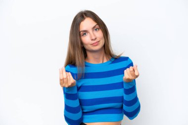 Beyaz arka planda izole genç beyaz kadın para hareketi yapıyor ama mahvoldu.