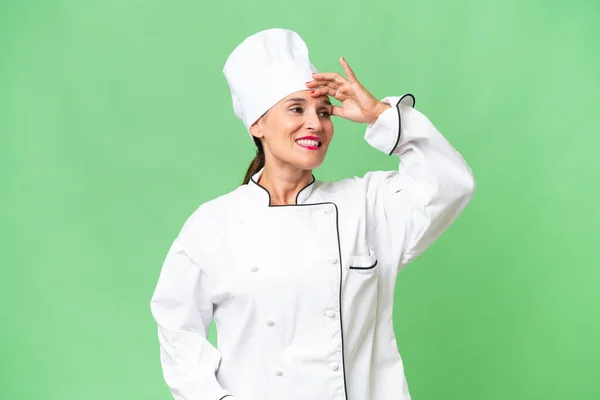 Chef Donna Mezza Età Sfondo Isolato Realizzato Qualcosa Intendere Soluzione — Foto Stock