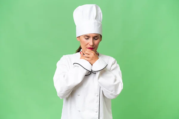 Donna Chef Mezza Età Sfondo Isolato Sta Soffrendo Tosse Sentirsi — Foto Stock